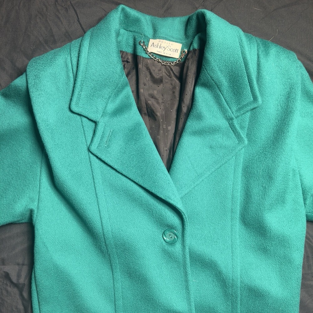 Ashley Scott‎ Petite Wool Emerald Long Overcoat Colorful Quiet Money Made In USA